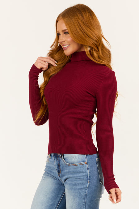 Maroon Turtleneck Ribbed Long Sleeve Top