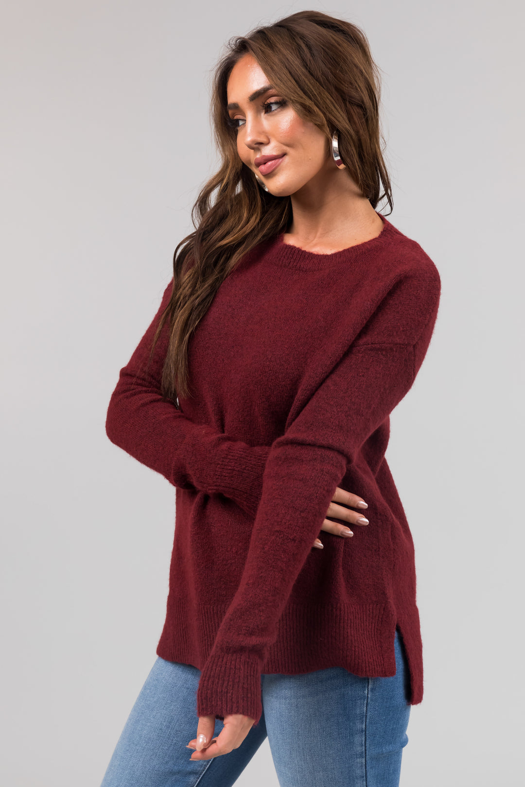 Maroon Two Tone Crew Neck Relaxed Sweater & Lime Lush