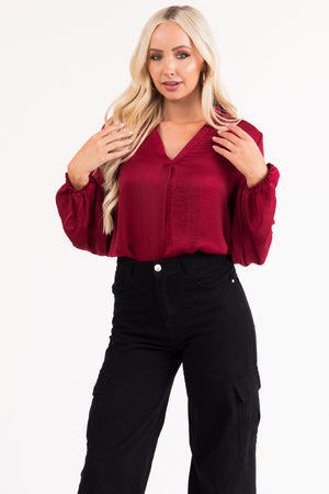 Maroon V Neck Long Sleeve Satin Top