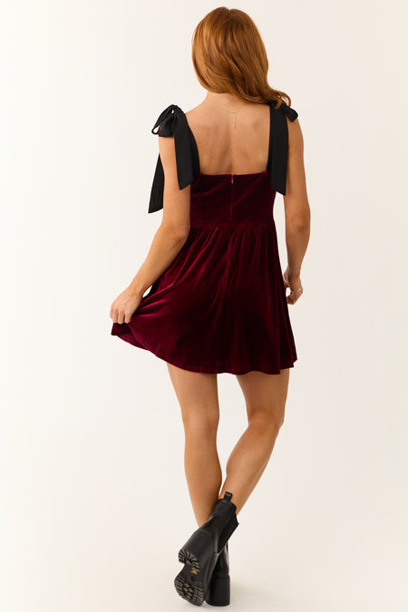 Maroon Velvet Contrast Strap Short Dress