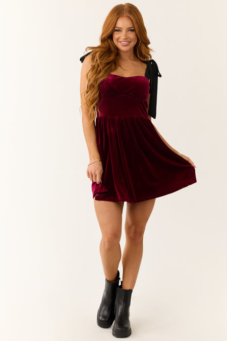 Maroon Velvet Contrast Strap Short Dress