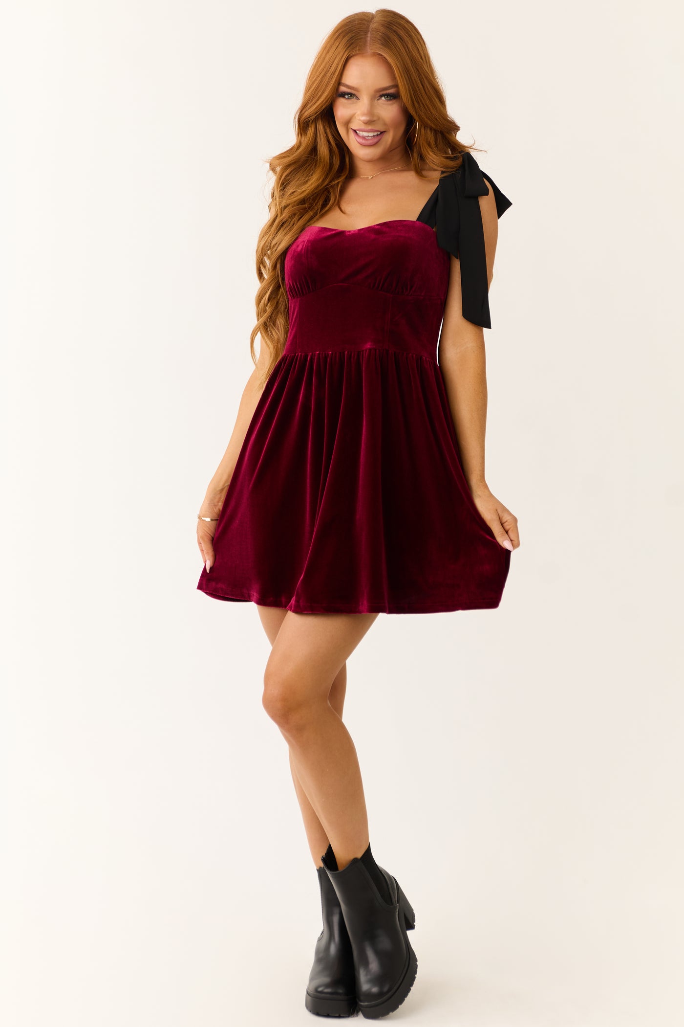 Maroon Velvet Contrast Strap Short Dress