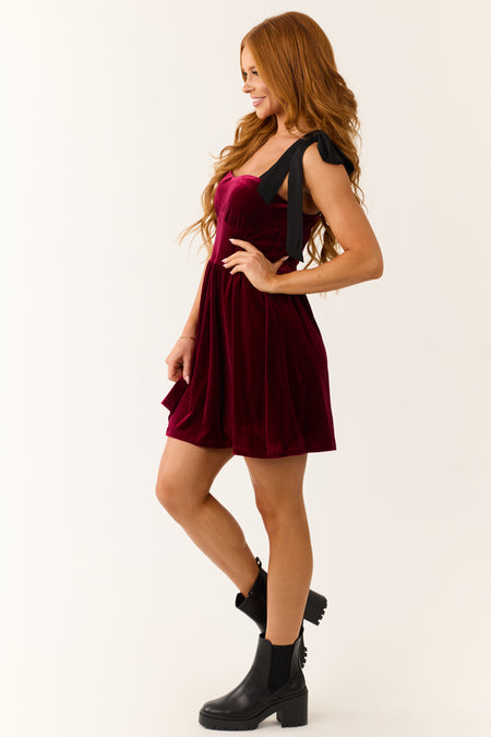 Maroon Velvet Contrast Strap Short Dress