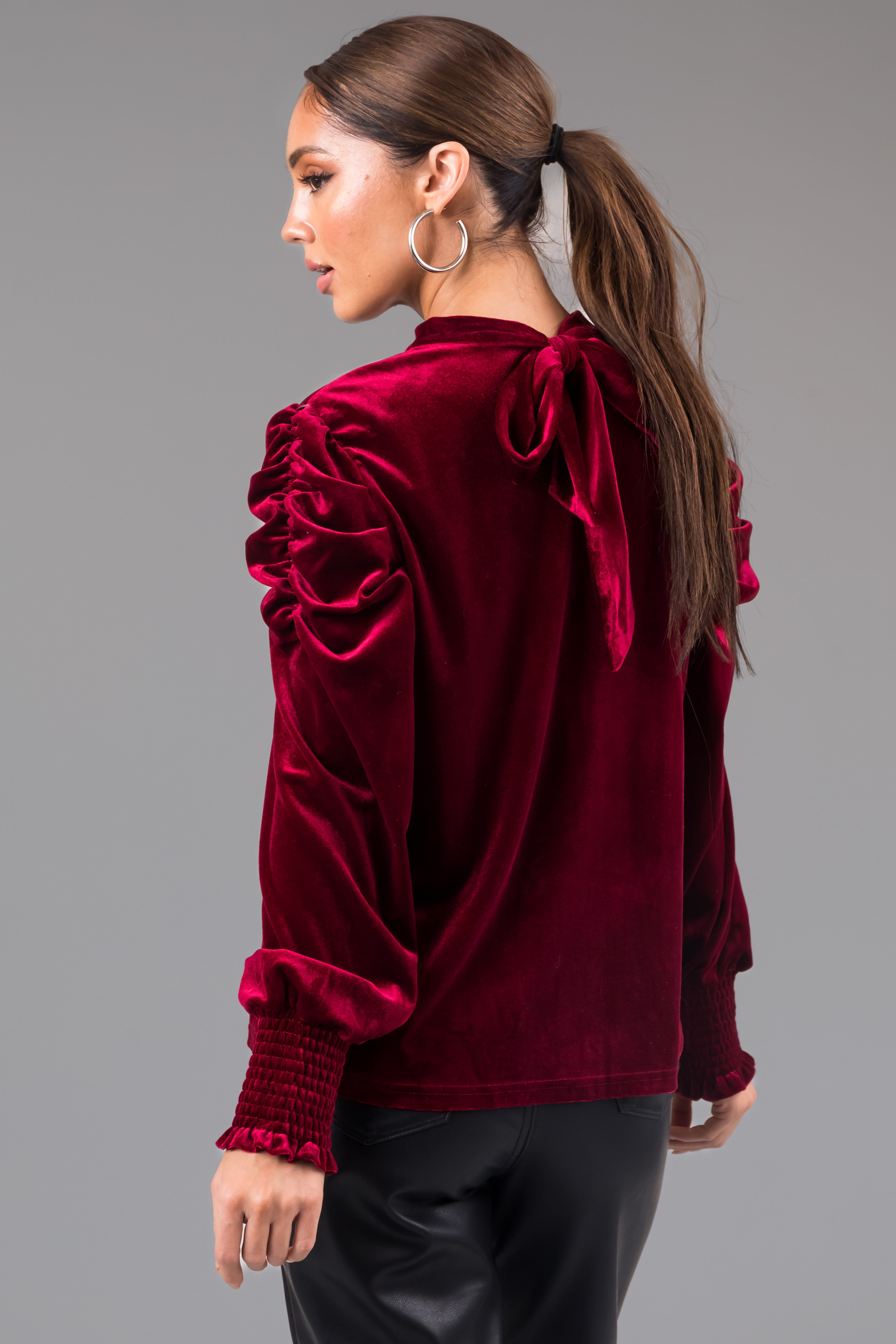 Maroon Velvet Ruched Long Sleeve Blouse