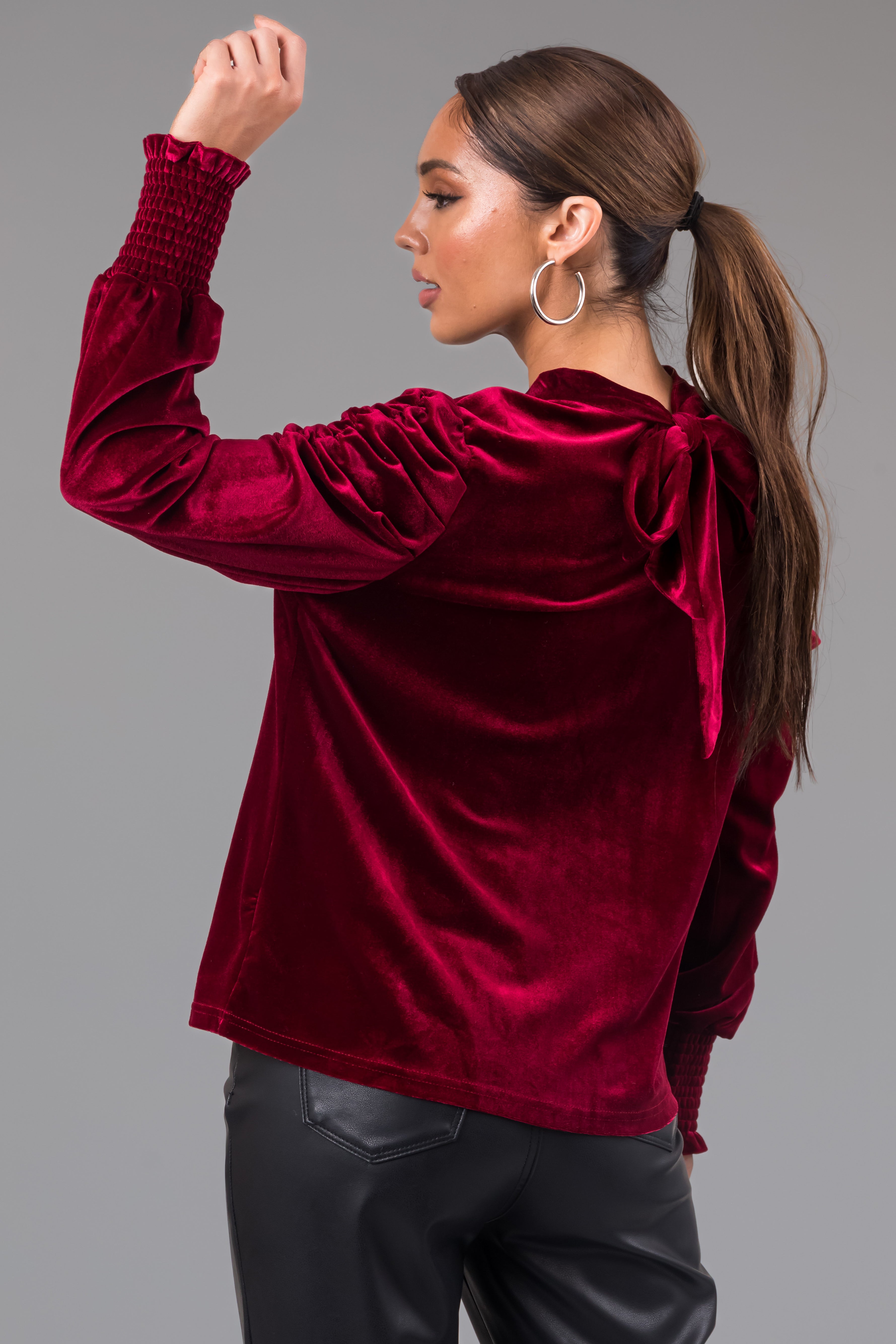 Maroon Velvet Ruched Long Sleeve Blouse