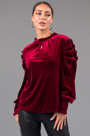 Maroon Velvet Ruched Long Sleeve Blouse