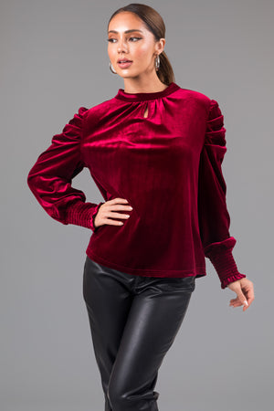 Maroon Velvet Ruched Long Sleeve Blouse