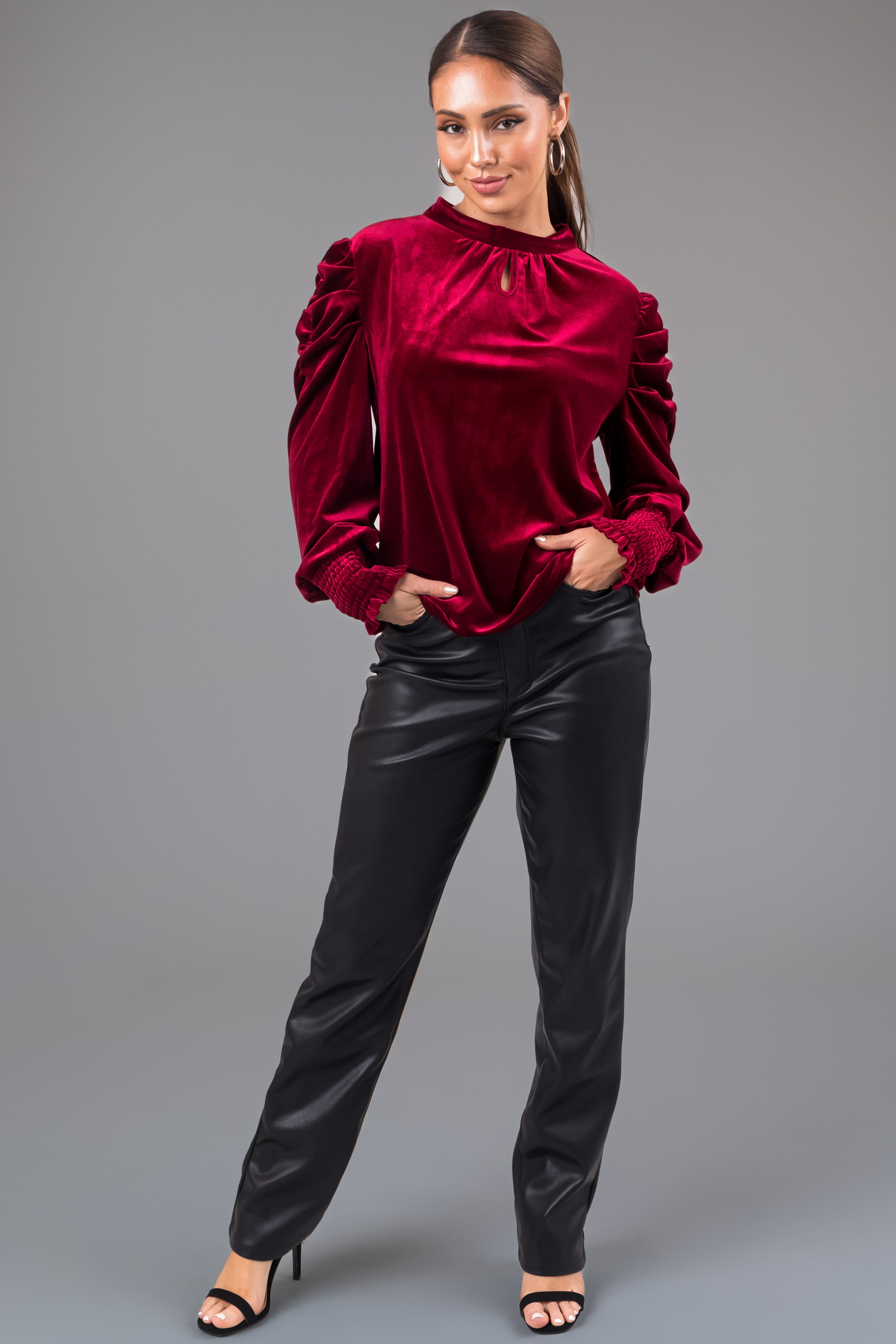 Maroon Velvet Ruched Long Sleeve Blouse