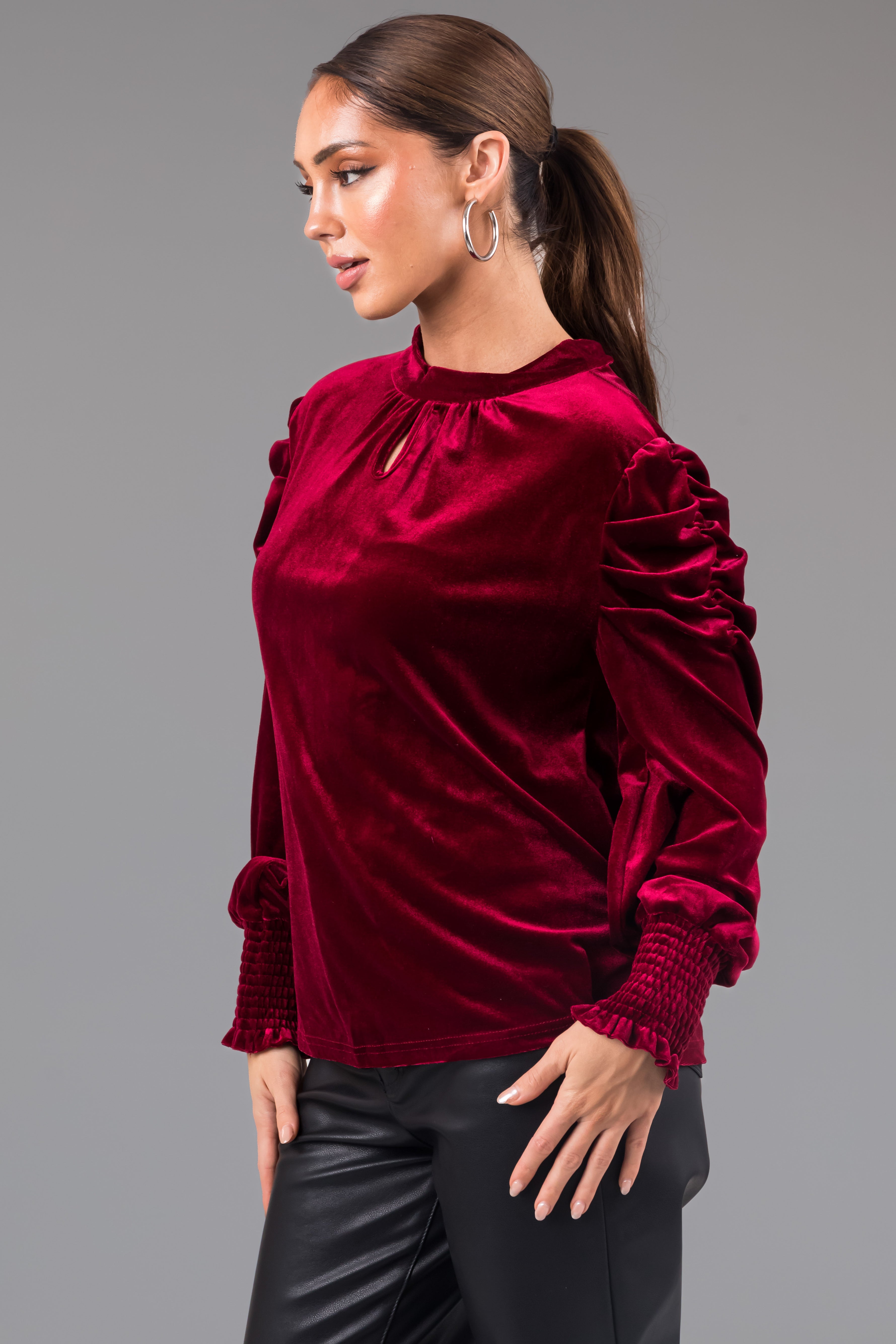 Maroon Velvet Ruched Long Sleeve Blouse