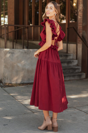 Maroon Ruffle Sleeve Midi Dress with Back Tie