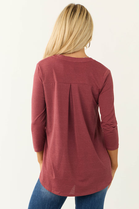 Marsala 3/4 Sleeve V Neck Textured Top