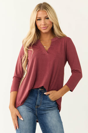 Marsala 3/4 Sleeve V Neck Textured Top