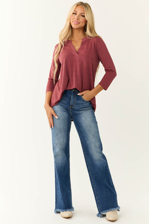 Marsala 3/4 Sleeve V Neck Textured Top