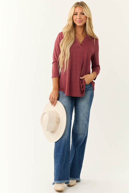 Marsala 3/4 Sleeve V Neck Textured Top