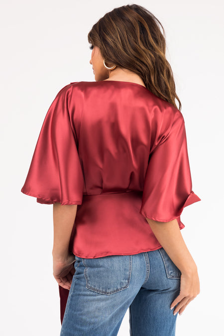 Marsala Flutter Sleeve Wrap Satin Blouse