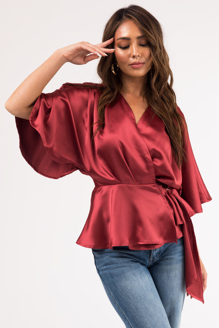 Marsala Flutter Sleeve Wrap Satin Blouse