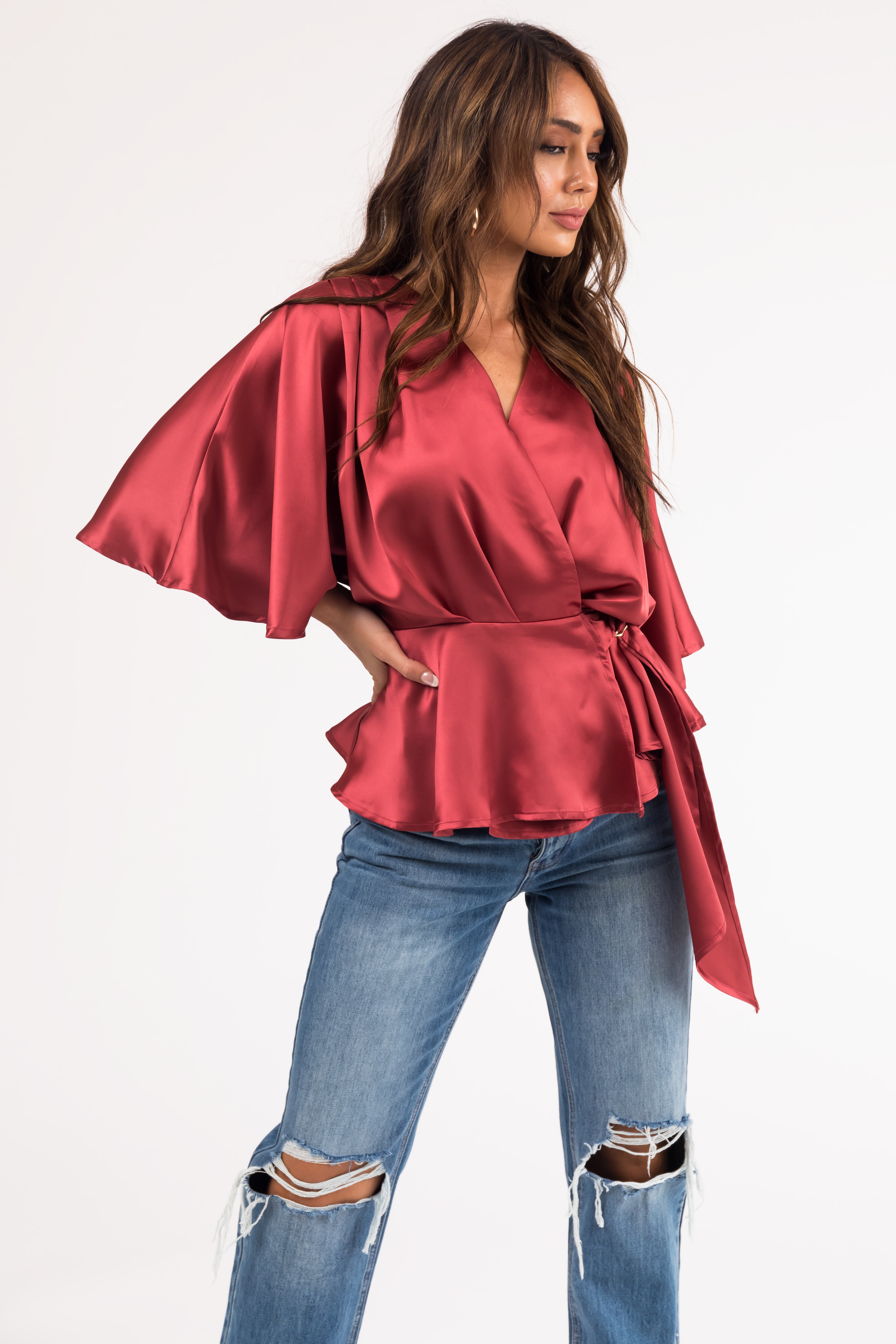 Marsala Flutter Sleeve Wrap Satin Blouse