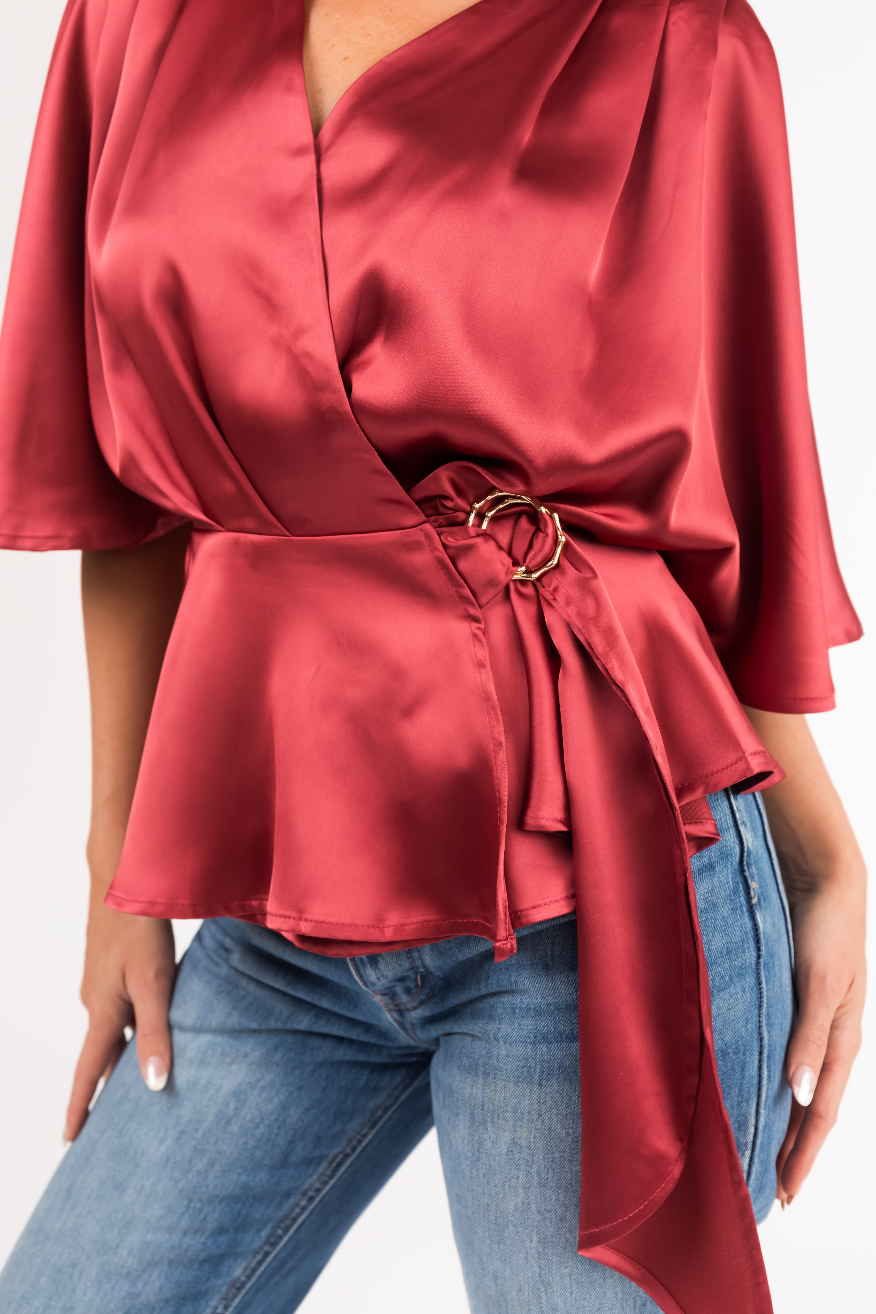 Marsala Flutter Sleeve Wrap Satin Blouse