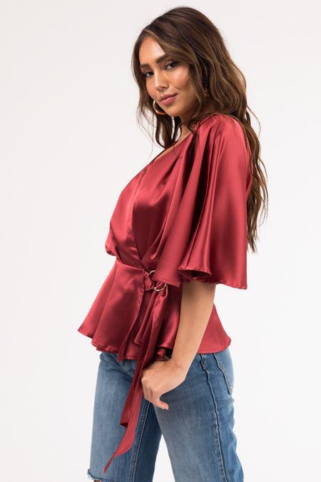 Marsala Flutter Sleeve Wrap Satin Blouse