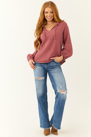 Marsala Textured Woven V Neck Long Sleeve Blouse