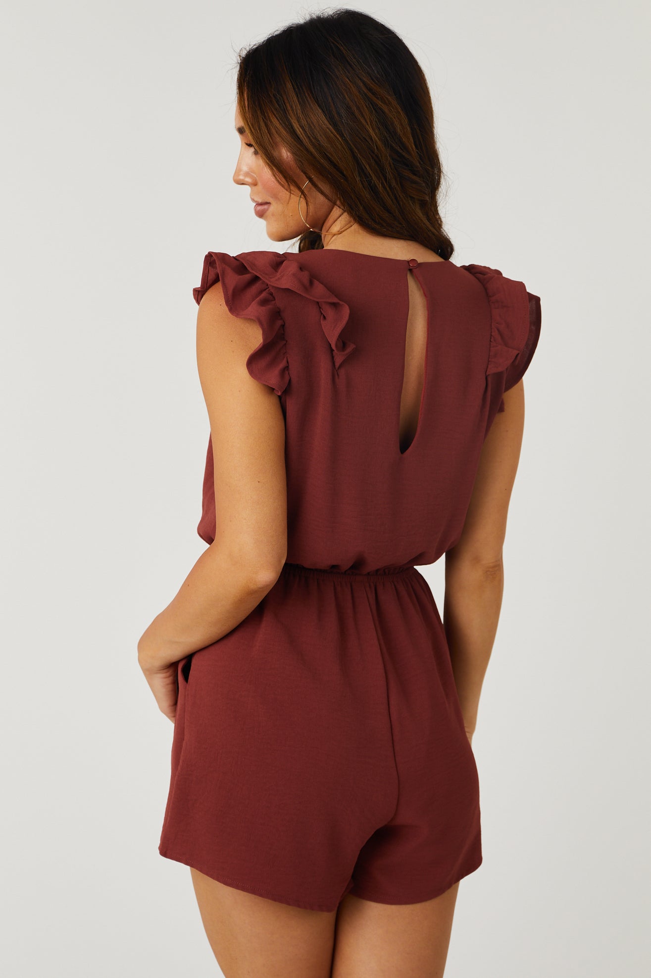 Marsala V Neck Ruffle Short Sleeve Romper