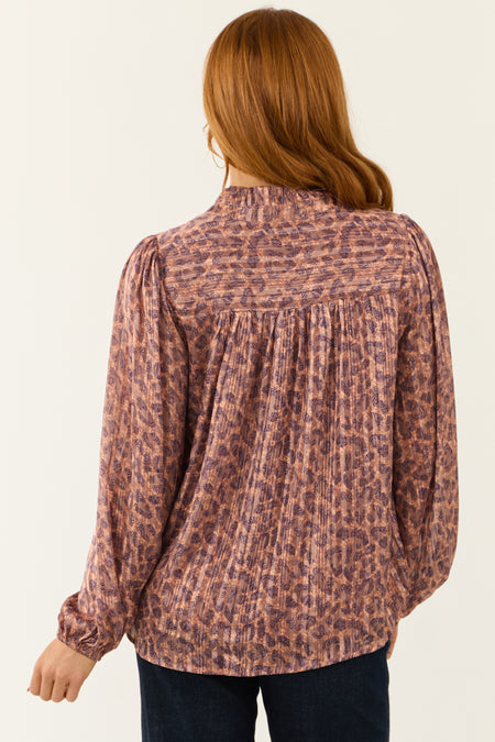 Mauve Abstract Leopard Print Pleated Long Sleeve Top