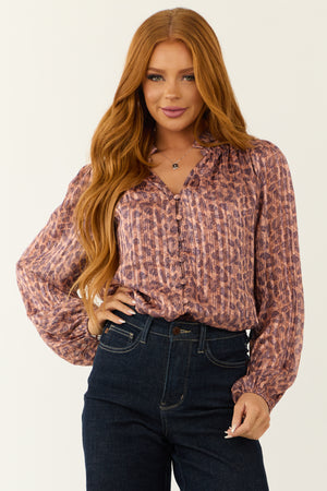 Mauve Abstract Leopard Print Pleated Long Sleeve Top