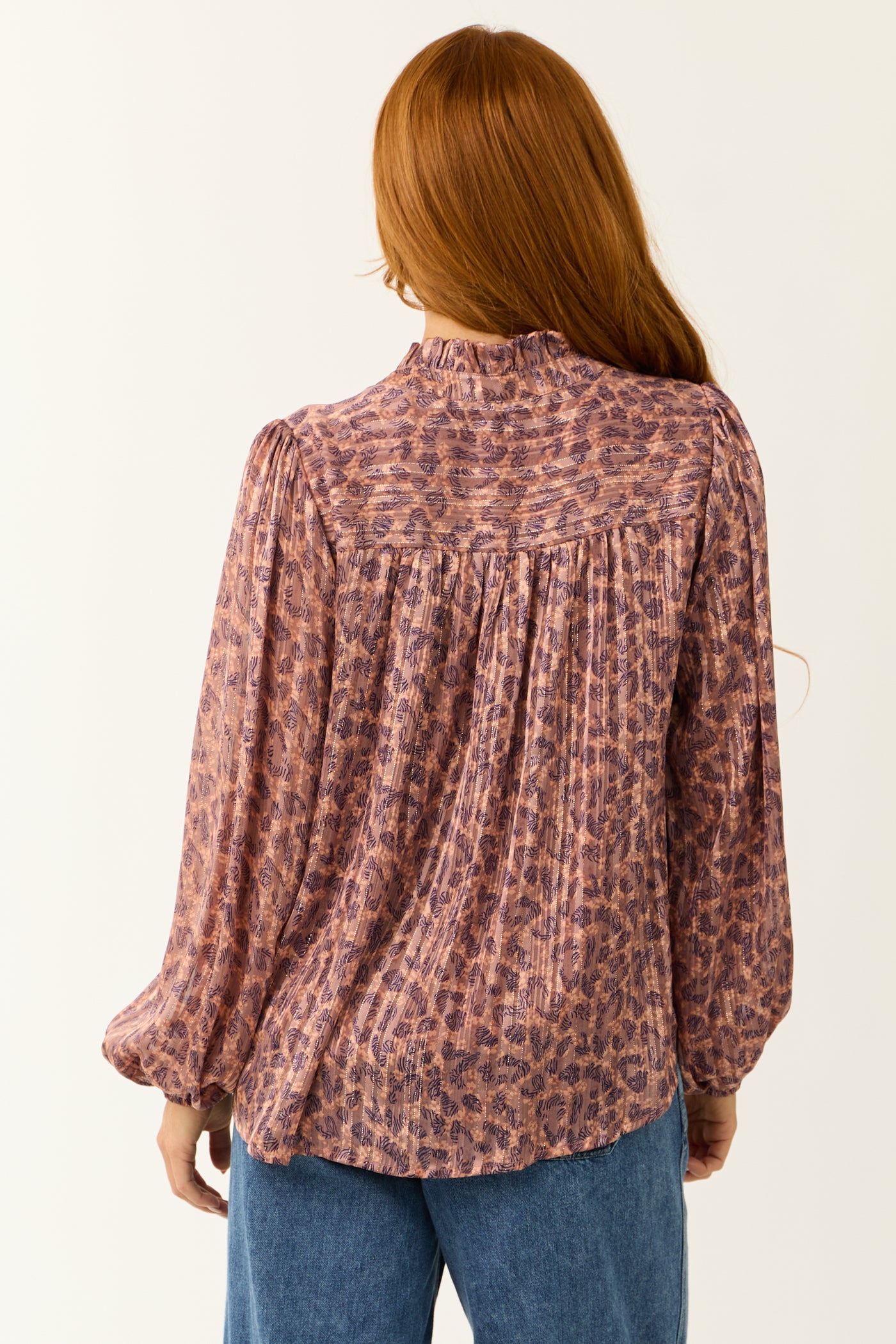 Mauve Abstract Print Pleated Long Sleeve Top