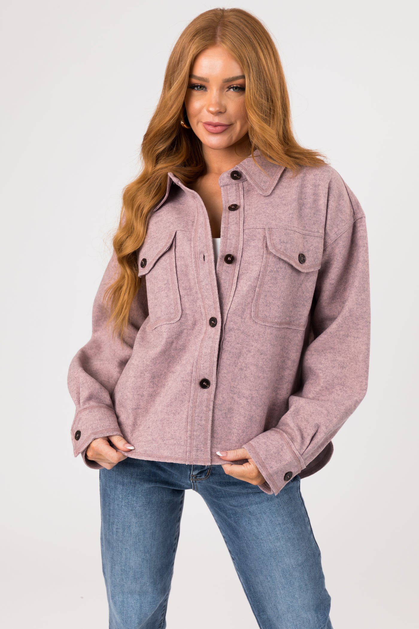 Mauve Button Up Shirt Jacket with Front Pockets