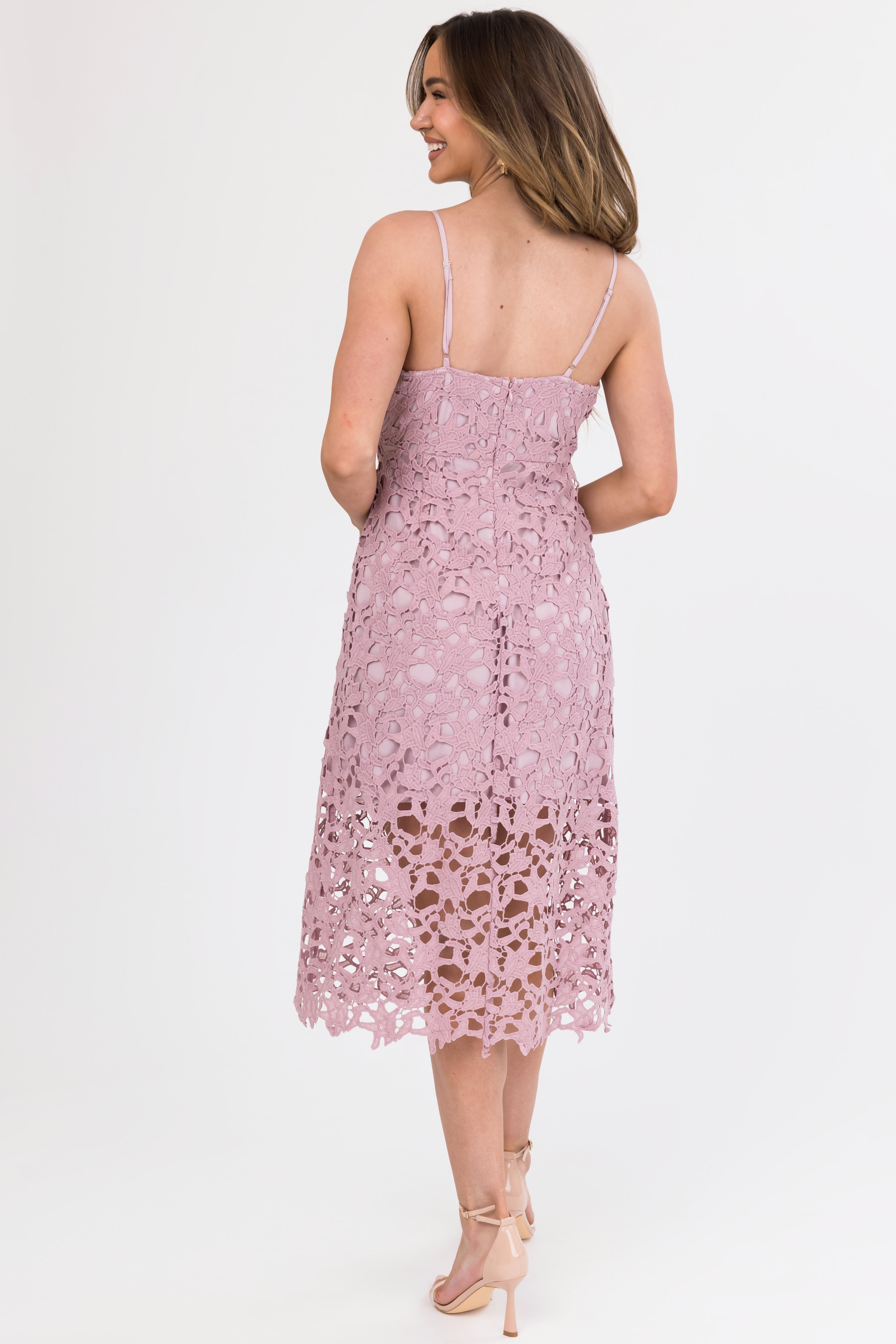 Mauve Crochet Lace Sleeveless Midi Dress