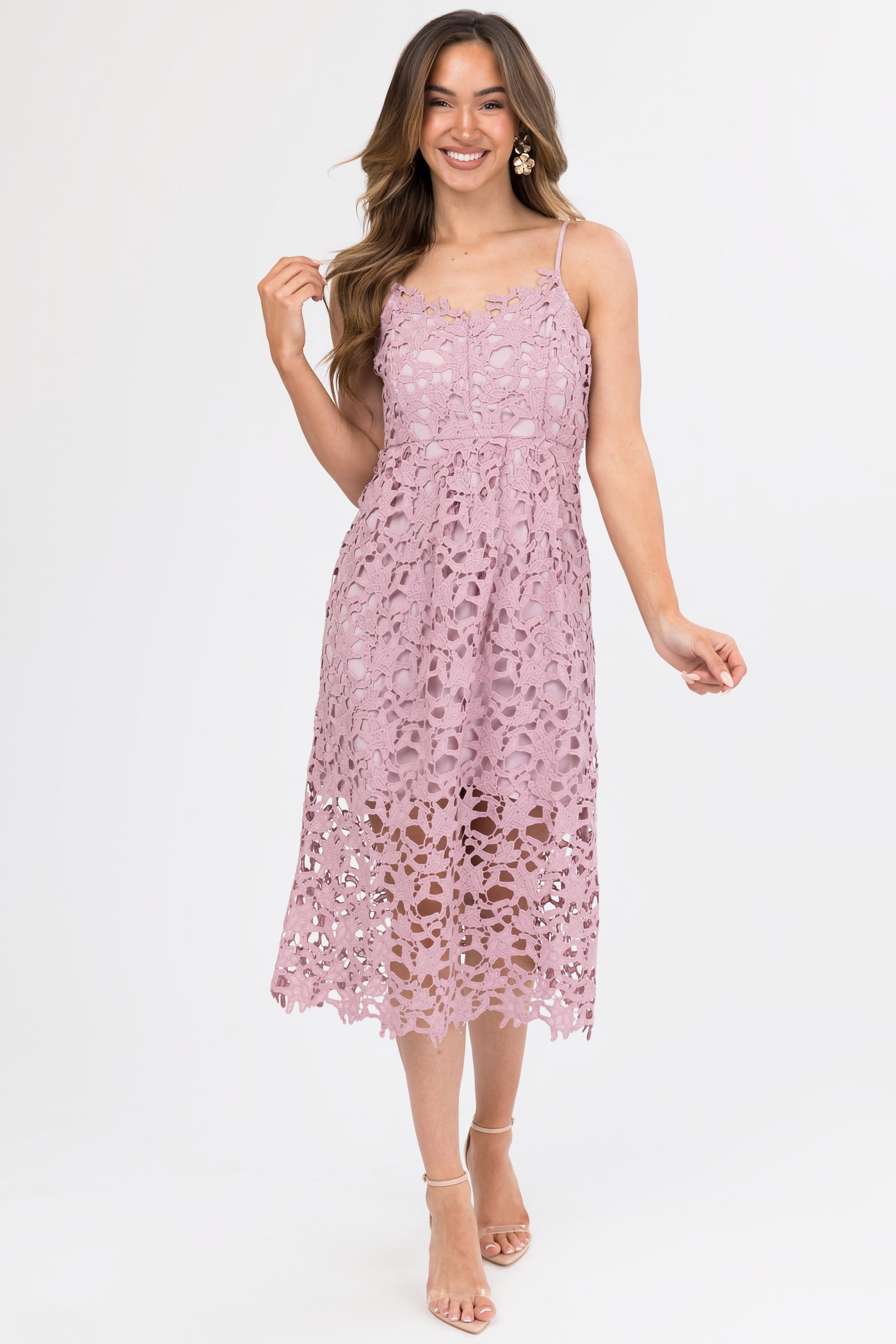 Mauve Crochet Lace Sleeveless Midi Dress