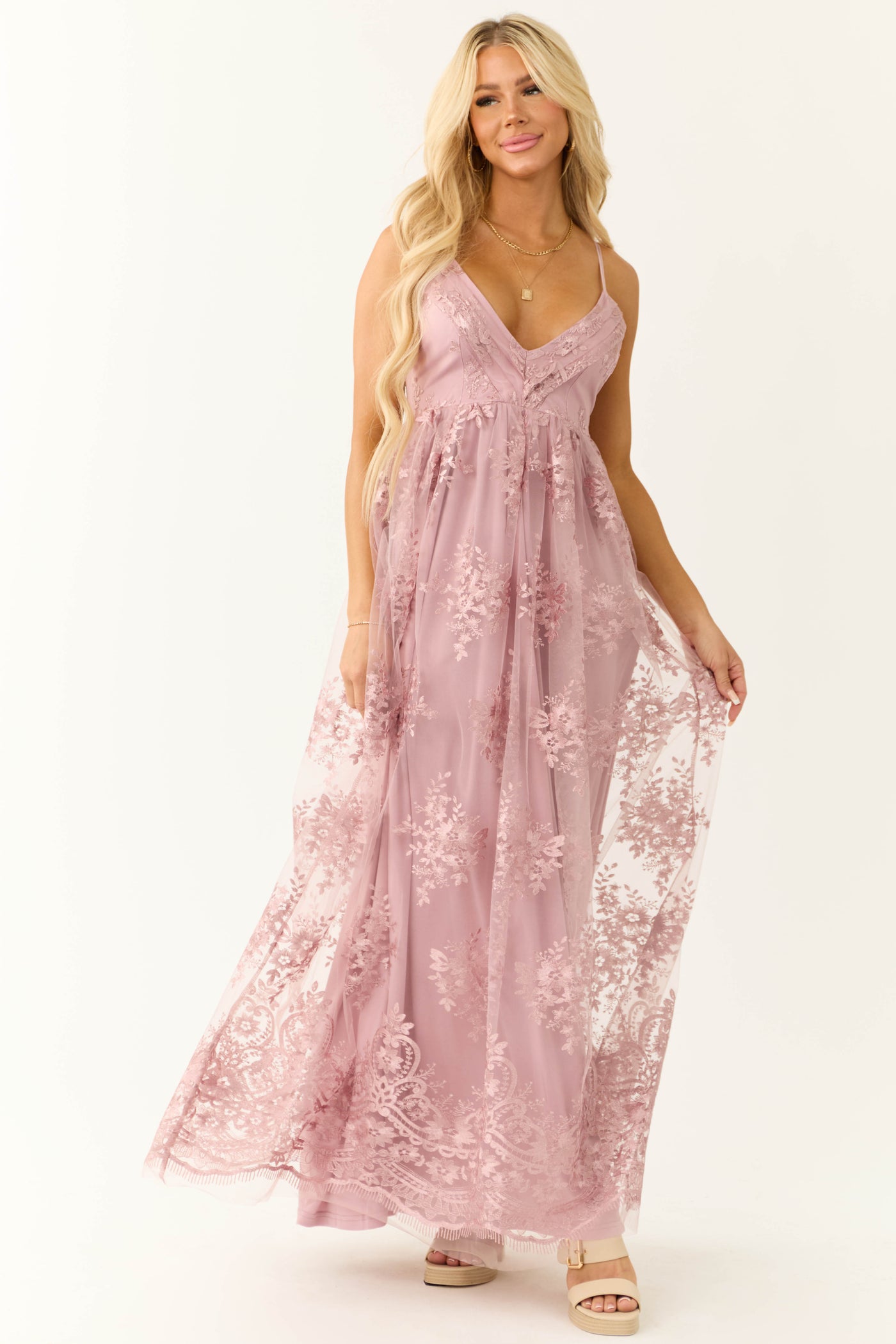 Mauve Floral Detail Sleeveless Maxi Dress