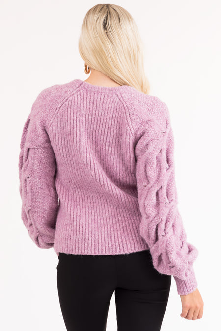 Mauve Fuzzy Bubble Sleeve Ribbed Knit Sweater