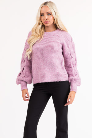 Mauve Fuzzy Bubble Sleeve Ribbed Knit Sweater