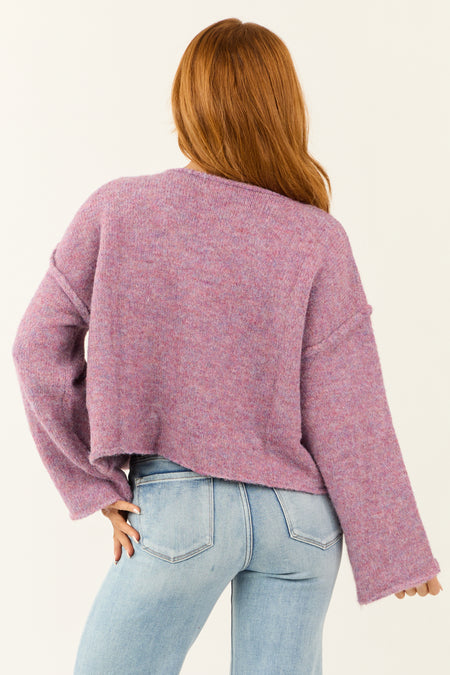 Mauve Melange Knit Boat Neck Wide Sleeve Sweater