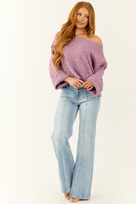 Mauve Melange Knit Boat Neck Wide Sleeve Sweater