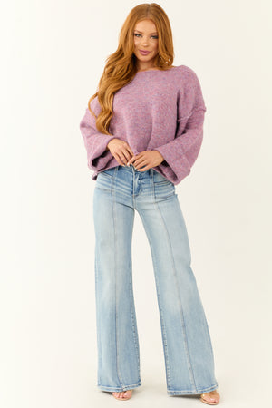 Mauve Melange Knit Boat Neck Wide Sleeve Sweater