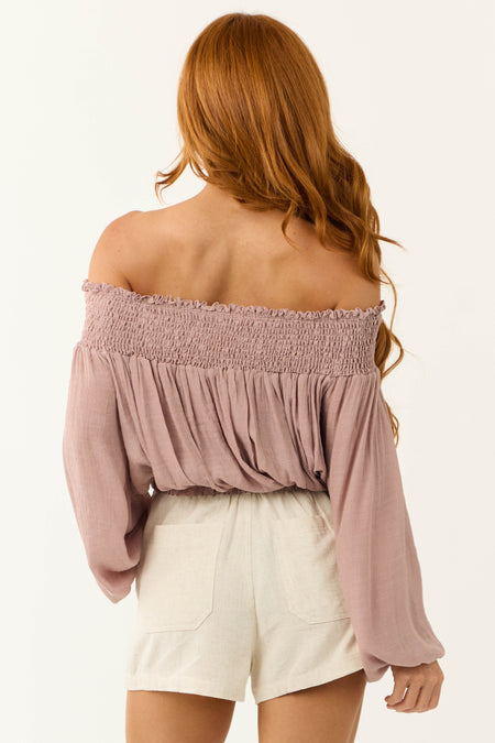 Mauve Off Shoulder Smocked Cropped Blouse