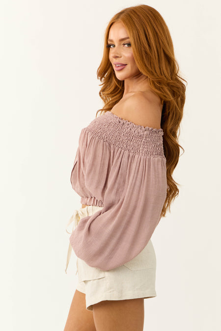 Mauve Off Shoulder Smocked Cropped Blouse