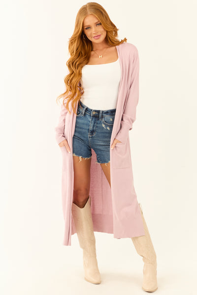 Mauve Open Front A-Line Long Sleeve Duster Cardigan