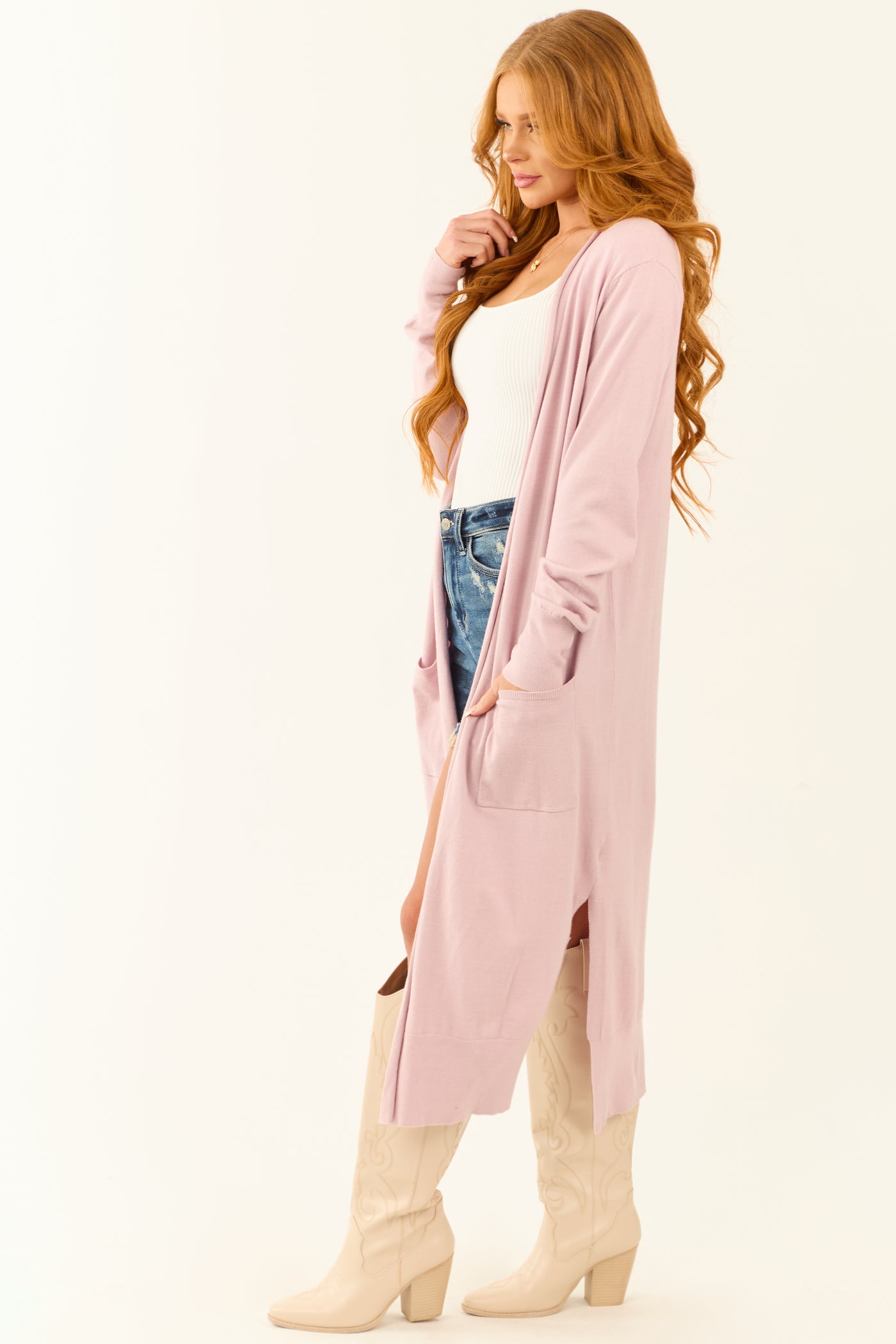 Mauve Open Front A-Line Long Sleeve Duster Cardigan