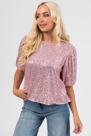 Mauve Sequined Half Puff Sleeve Top