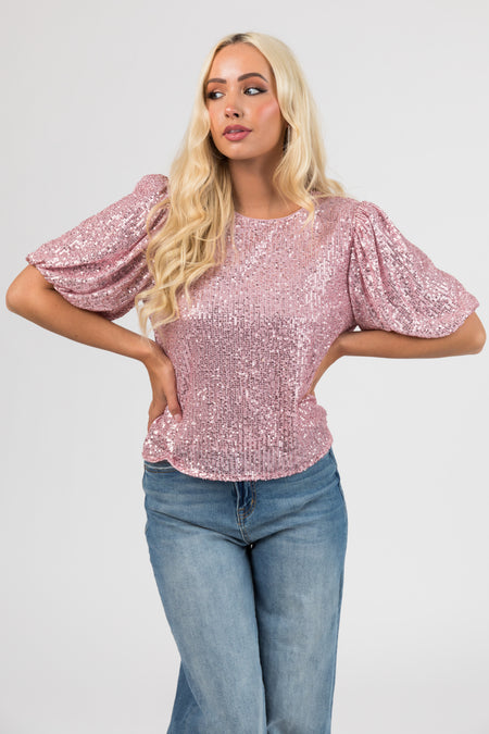 Mauve Sequined Half Puff Sleeve Top