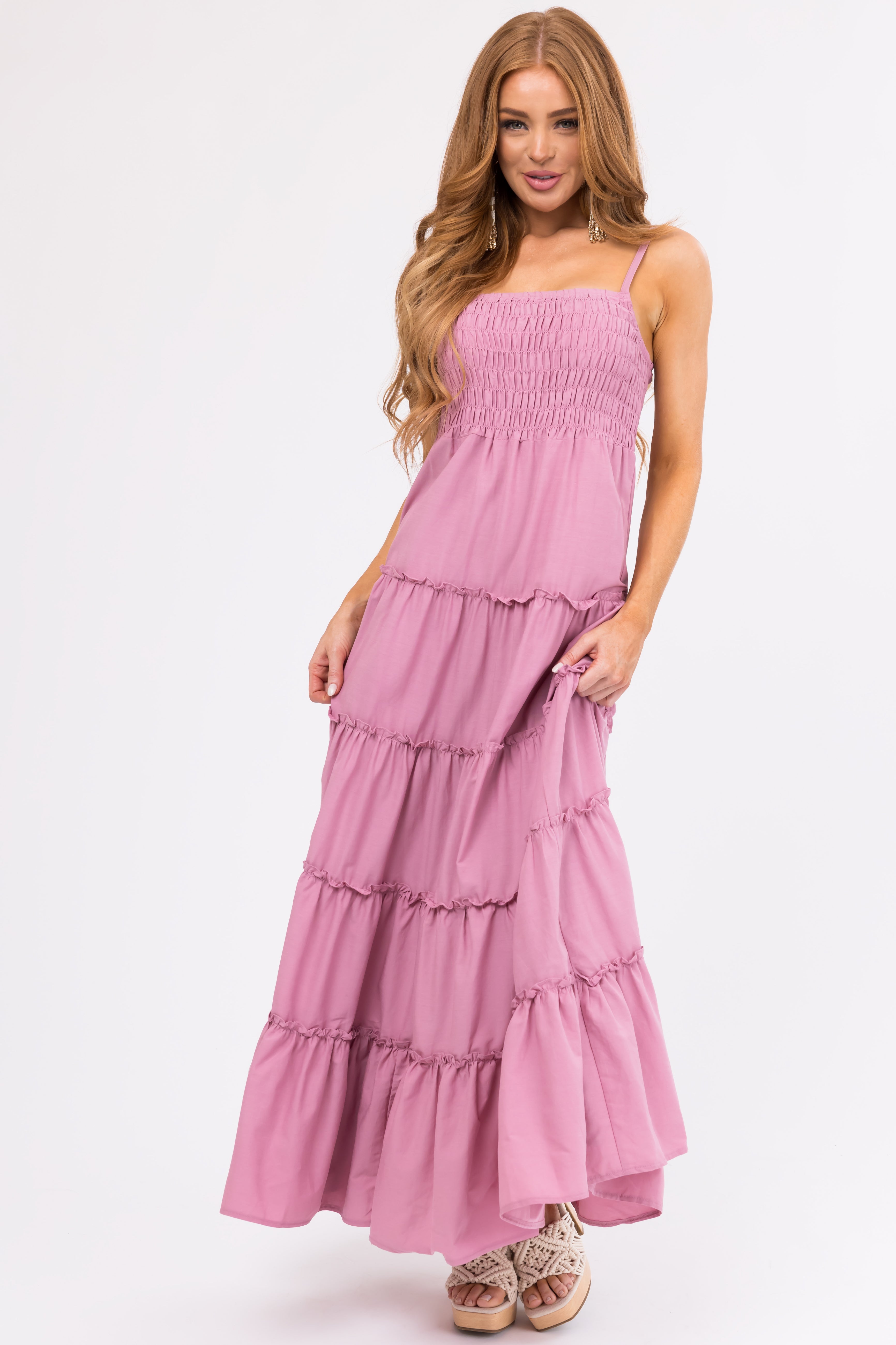 Mauve Smocked Top Tiered Maxi Dress