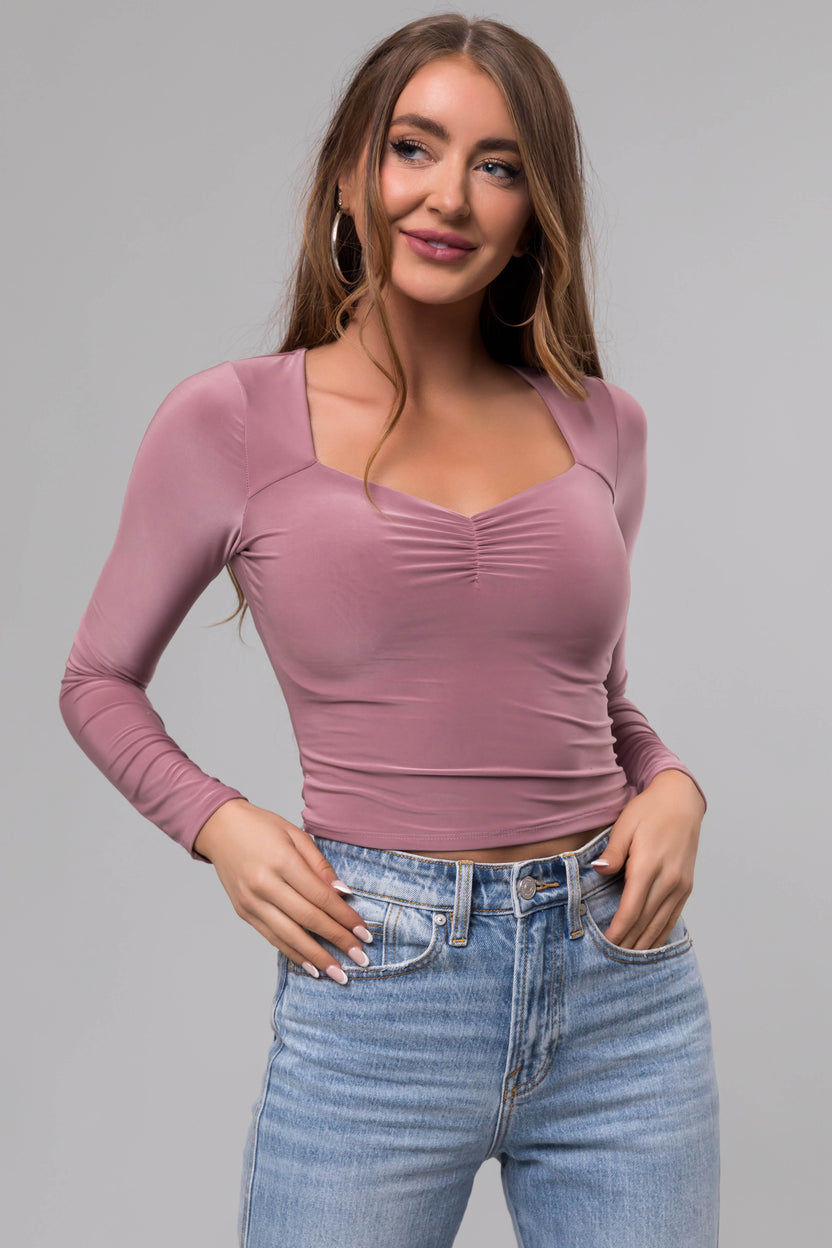 Mauve Sweetheart Neck Long Sleeve Crop Top