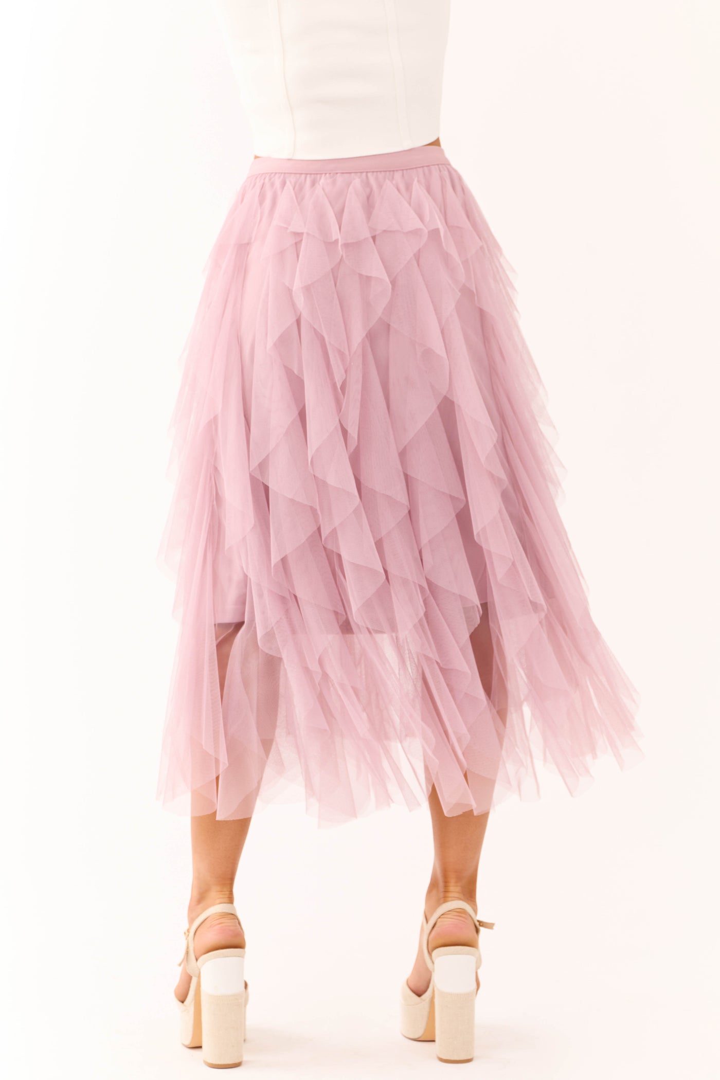 Mauve Tulle Spiral Ruffle Midi Skirt