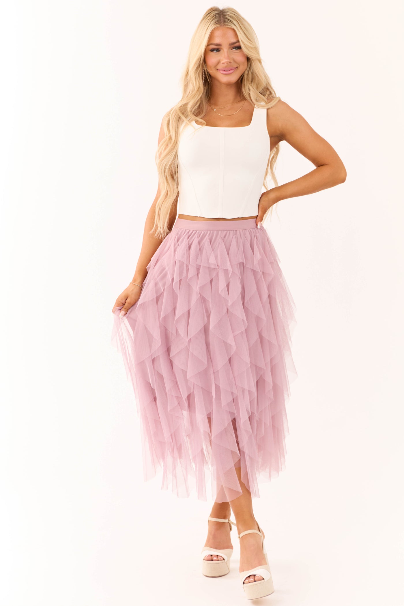 Mauve Tulle Spiral Ruffle Midi Skirt