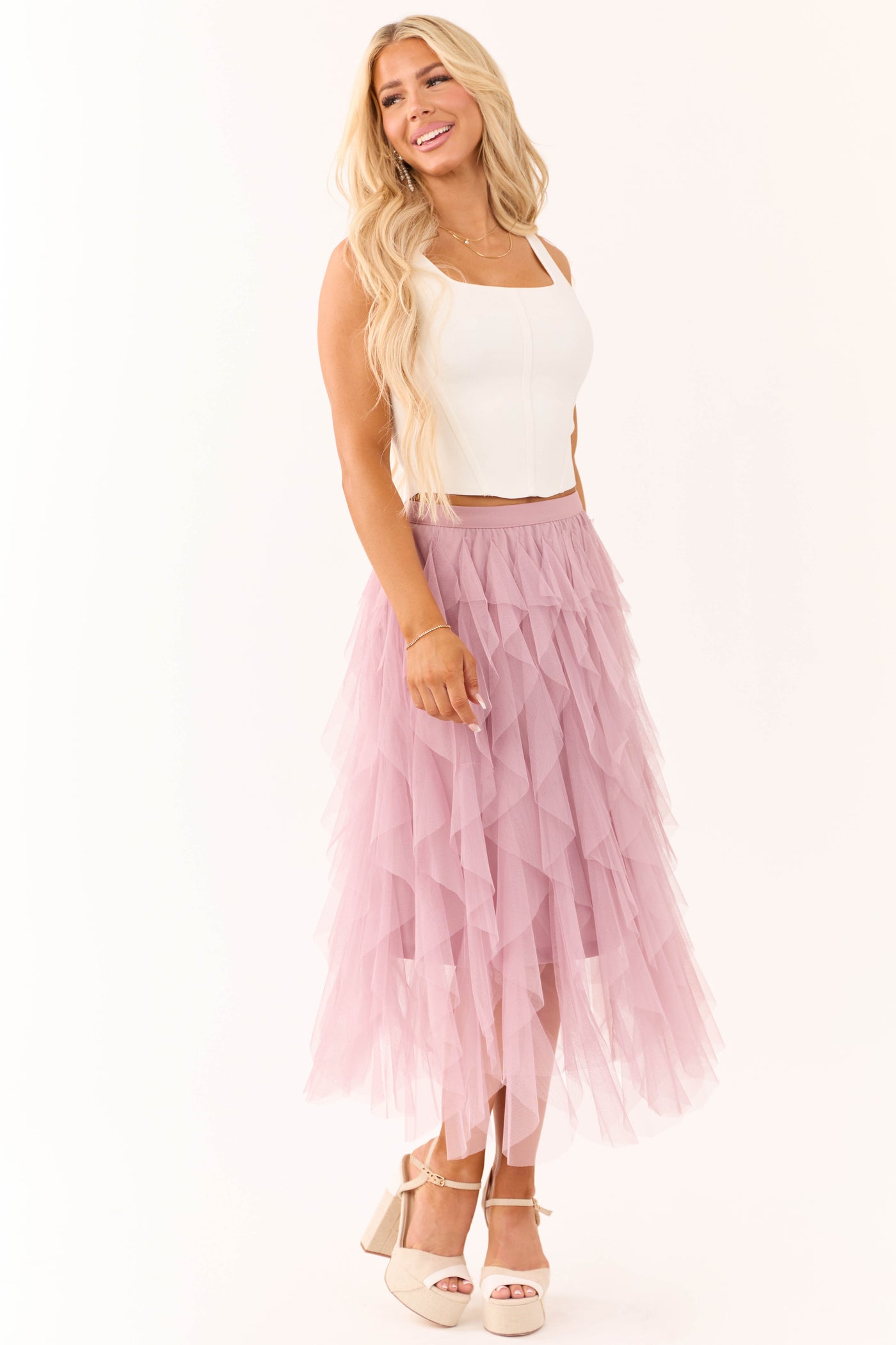 Mauve Tulle Spiral Ruffle Midi Skirt