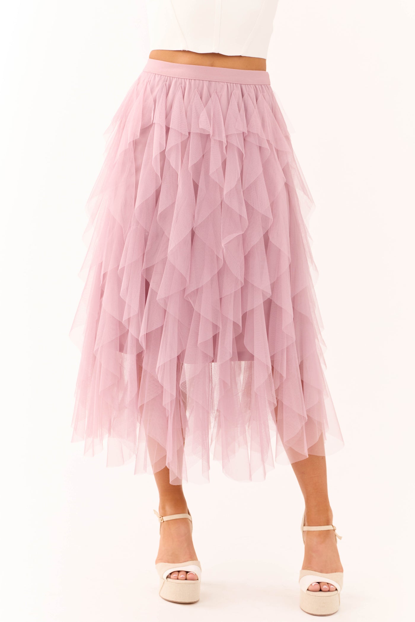 Mauve Tulle Spiral Ruffle Midi Skirt