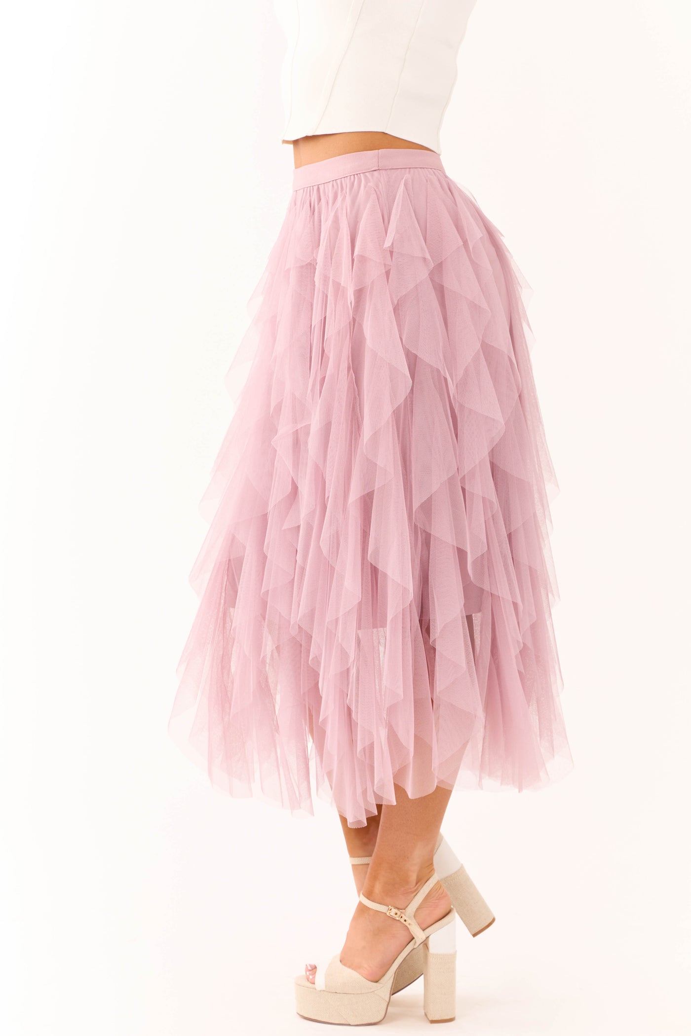 Mauve Tulle Spiral Ruffle Midi Skirt